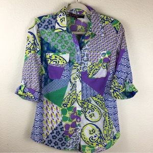 Peck & Peck Womens Multicolor Paisley 3/4 Roll Tab Sleeve Button-Up Shirt Size 4